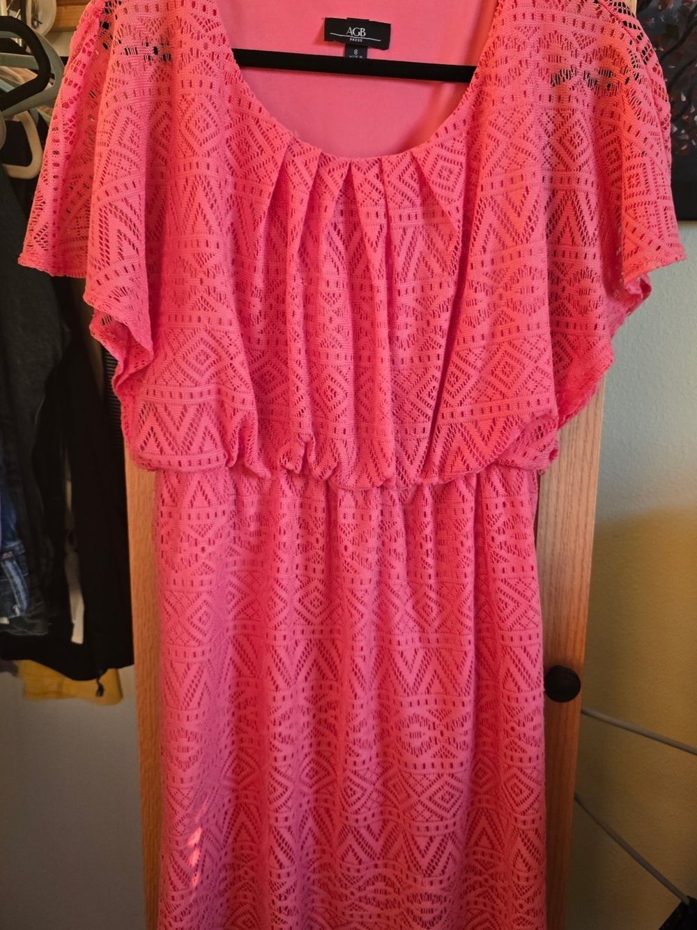 AGB Coral Pink Crochet-Pattern Midi Dress